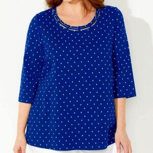 Catherine's Suprema Blue Print Strappy Accent Cotton Tee 3/4 Sleeve- 5X- NWT